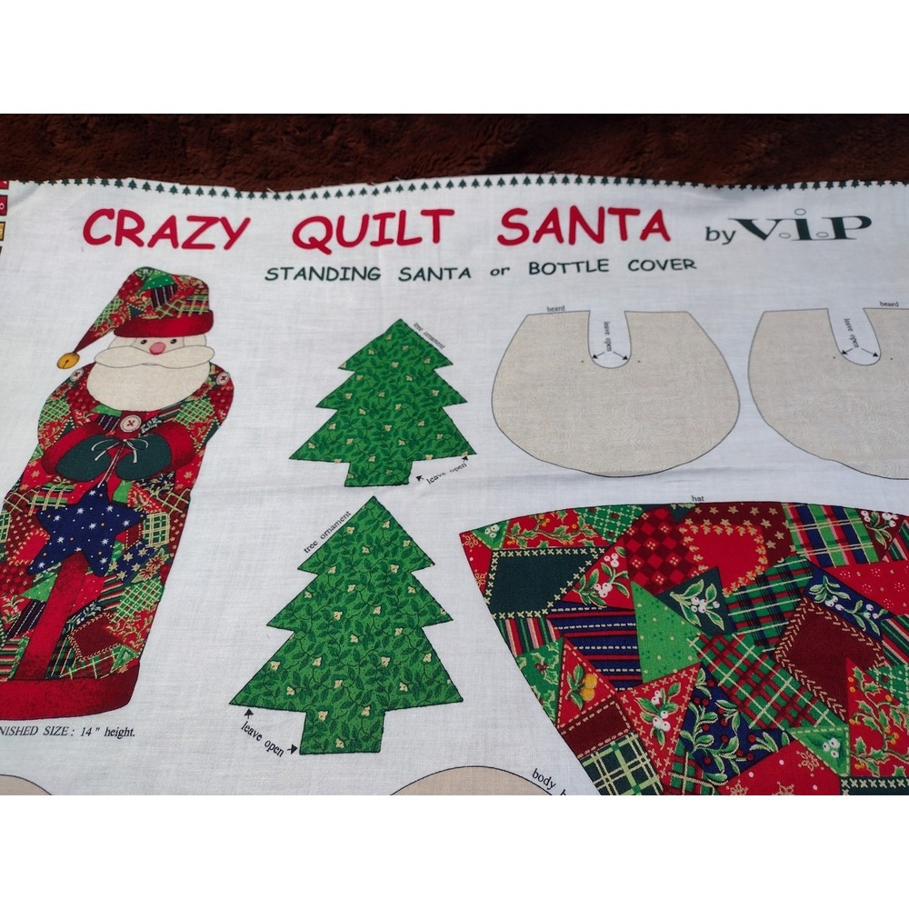Vtg Crazy Quilt Santa‎ VIP Cranston Fabric Standing Santa or Wine Bottle Cover